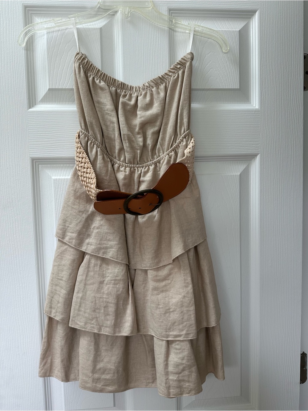 Beige Tiered Linen-Blend Sundress with Waist Belt